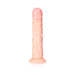 Vanilla-colored curved realistic dildo with suction cup base standing upright on white background.