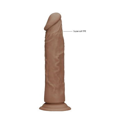 Tan realistic dildo with pronounced head and textured shaft made from super soft body-safe TPE with suction cup base.