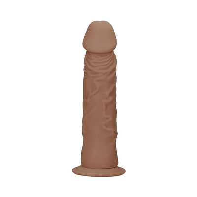 Tan realistic textured dildo with a smooth head and suction cup base, made from soft body-safe material.