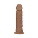 Tan realistic textured dildo with a smooth head and suction cup base, made from soft body-safe material.