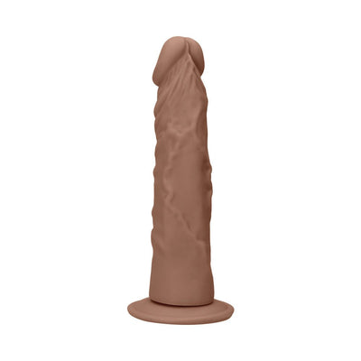 Tan realistic textured dildo with suction cup base, smooth head, and lifelike veining detail.