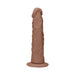 Tan realistic textured dildo with suction cup base, smooth head, and lifelike veining detail.