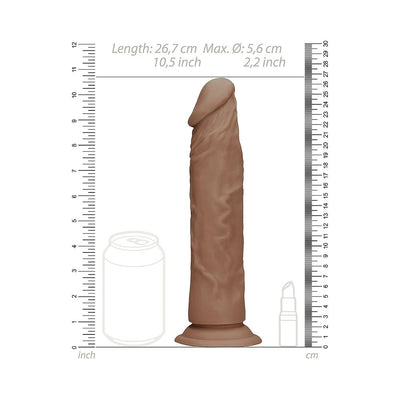 Tan realistic dildo without testicles with suction cup base, shown with size comparison to a can and lipstick.