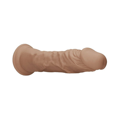 Tan lifelike dildo without testicles featuring a pronounced head and textured shaft with a strong suction cup base.
