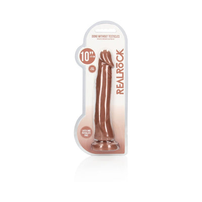 Tan 10-inch realistic dong without testicles in clear packaging with suction cup base, latex and phthalate free.