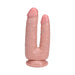 Realistic double-ended dildo with two textured shafts and suction cup base in natural skin tone.