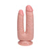 Realistic double-ended dildo with suction cup base in natural skin tone, featuring two different sized shafts.