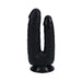 Black double-ended dildo with realistic texture and suction cup base for hands-free use.