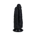 Black double-ended dildo with realistic texture and suction cup base for hands-free use.