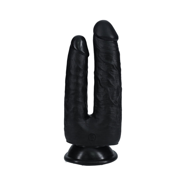 Black double-ended dildo with realistic texture and suction cup base for hands-free use.