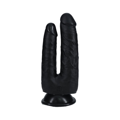 Black double-ended dildo with realistic texture and suction cup base for hands-free use.