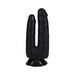 Black double-ended dildo with realistic texture and suction cup base for hands-free use.