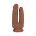 Realistic double-ended brown dildo with suction cup base for hands-free use on smooth surfaces.