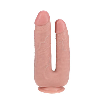 Double-ended realistic dildo with suction base in natural skin tone, featuring two textured shafts for versatile use.