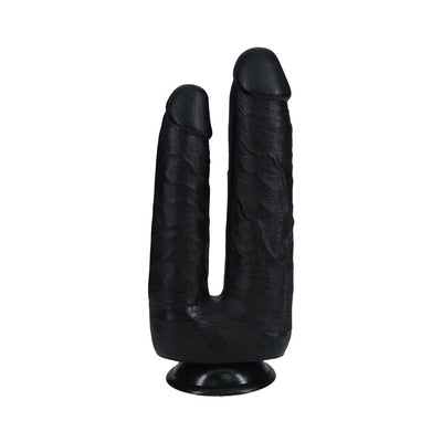 Black double-ended dildo with realistic texture and suction cup base for hands-free use.
