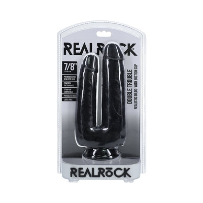 Realrock Double Trouble black double-ended dildo with suction cup in clear retail packaging.