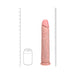 Realistic extra long 13-inch flesh-toned dildo with veins and suction cup base next to size comparison can and rulers.