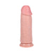 Realistic extra thick 9-inch dildo with textured veins and suction cup base in natural skin tone.
