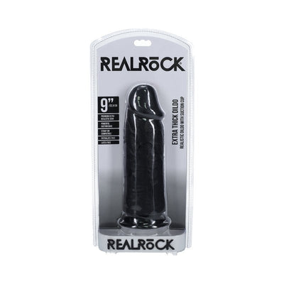Realrock extra thick 9-inch black dildo with suction cup in clear retail packaging.