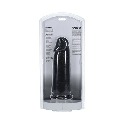Realrock extra thick 9-inch black dildo with suction base in clear retail packaging.