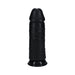 Black extra thick 9-inch dildo with textured shaft and suction cup base for hands-free use.