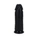 Black extra thick 9-inch dildo with realistic texture and suction cup base for hands-free use.