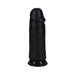 Black extra thick 9-inch dildo with realistic texture and suction cup base for hands-free use.
