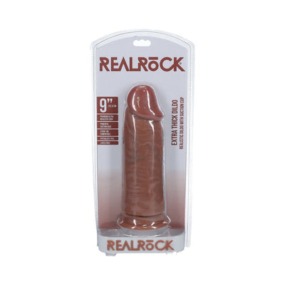 Realrock extra thick 9-inch realistic dildo with suction cup in brown, packaged for sale.