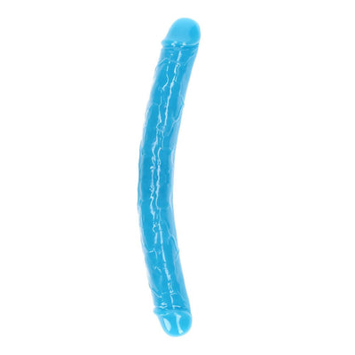 Blue glow-in-the-dark double-ended dildo with realistic texture and curved design, 15 inches long.