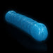 Blue glow-in-the-dark dual-ended dildo with textured surface and realistic shape on black background.