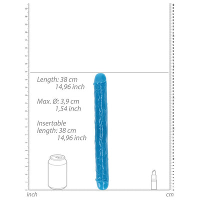 Blue double-ended dildo with detailed texture, measuring 15 inches long and 1.5 inches in diameter, shown with size comparison graphics.