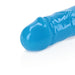 Close-up of the blue glow-in-the-dark double-ended dildo tip with a smooth, realistic texture on a white background.