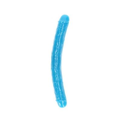 Blue dual-ended flexible dildo with textured surface and glow-in-the-dark feature.