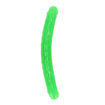Glow in the dark neon green double-ended dildo with realistic texture and curved design.