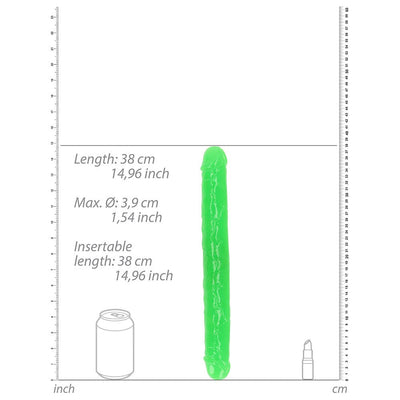 Glow in the dark neon green double-ended dildo with length and diameter measurements shown alongside scale icons.