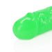 Close-up of neon green glow-in-the-dark dual-ended dildo with smooth, detailed texture.