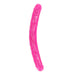 Bright pink dual-ended dildo with realistic texture and glow-in-the-dark feature, 15 inches long.