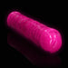 Bright pink glow-in-the-dark double-ended dildo with textured surface on black reflective background.