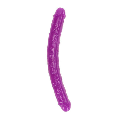 Purple glow-in-the-dark double-ended dildo with realistic texture and curved design.