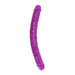 Purple glow-in-the-dark double-ended dildo with realistic texture and curved design.
