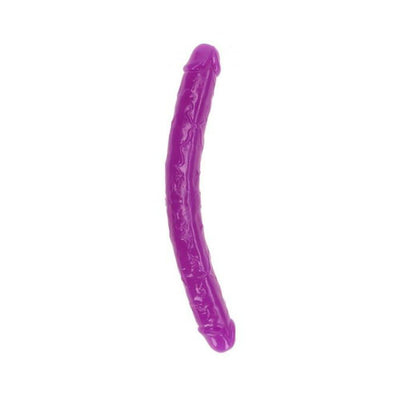 Purple glow-in-the-dark double-ended dildo with realistic texture and curved design.