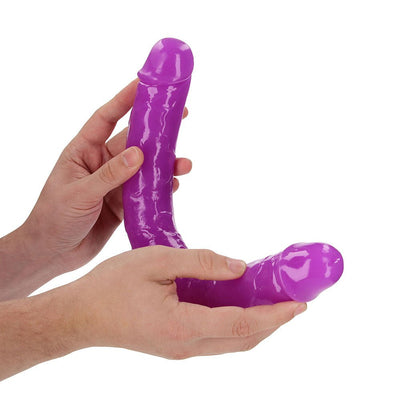 Hands holding a flexible, neon purple double-ended dildo with realistic texture and shape.