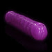 Purple glow-in-the-dark dual-ended dildo with textured surface on black reflective background.