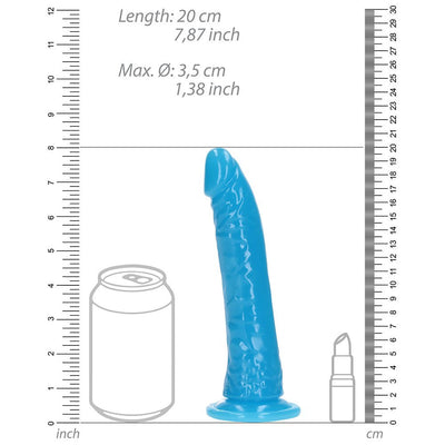 Blue glow-in-the-dark slim dildo with suction base, shown with size comparison to a soda can and lipstick.