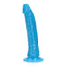 Blue slim 7-inch dildo with realistic texture and suction cup base, designed for versatile use and glow-in-the-dark fun.