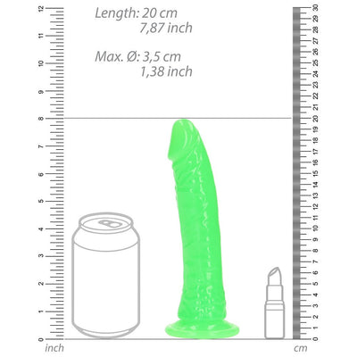 Glow in the dark slim 7-inch neon green dildo with suction base shown next to size comparison of can and lipstick.