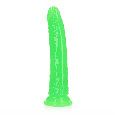 Slim neon green glow-in-the-dark dildo with suction cup base, 7 inches long, smooth and textured design.