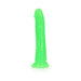 Slim neon green glow-in-the-dark dildo with suction cup base, 7 inches long, textured surface.