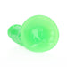 Glow in the dark neon green slim dildo with suction cup base, 7 inches long, made of smooth body-safe material.