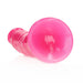 Pink translucent slim dildo with suction cup base, designed for hands-free use and glow in the dark features.